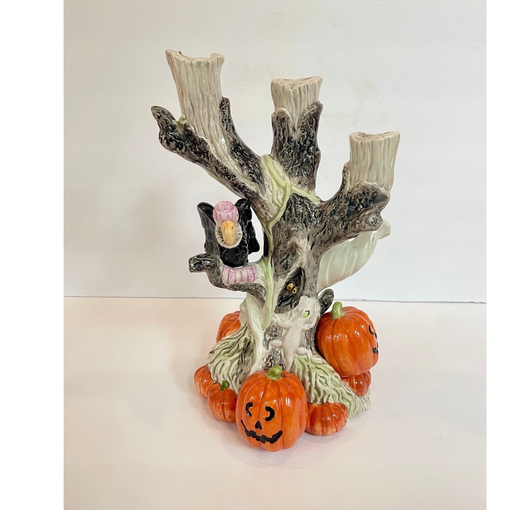 Vintage 1988 Fitz and Floyd Halloween Spooky Tree Candelabra Pumpkin Ghost 11.5"